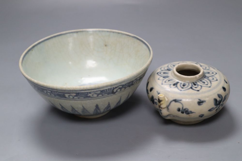 A Chinese Middle Ming Dynasty blue and white Lotus Flower bowl and a Vietnamese Hoi An Hoard blue and white water dropper